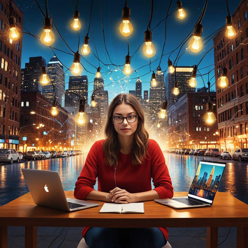 A vibrant digital collage depicting a person surrounded by floating lightbulbs symbolizing ideas, with interconnected lines leading to scenes of storytelling like a blog on a laptop, engaging readers with diverse content. The background shows a city skyline merging with digital elements, illustrating the impact of blogging on urban life. super-realistic. vibrant colors. 3D.