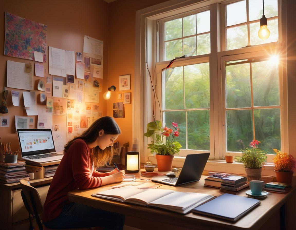 A vibrant and imaginative workspace filled with colorful notebooks, sketchpads, and digital devices, showcasing a person immersed in storytelling through words and visuals. Bright ideas flow through whimsical light bulbs above, transforming into engaging digital stories around them. Include elements like a laptop with an open blog page, a cup of coffee, and a window with nature outside. vivid colors. super-realistic.