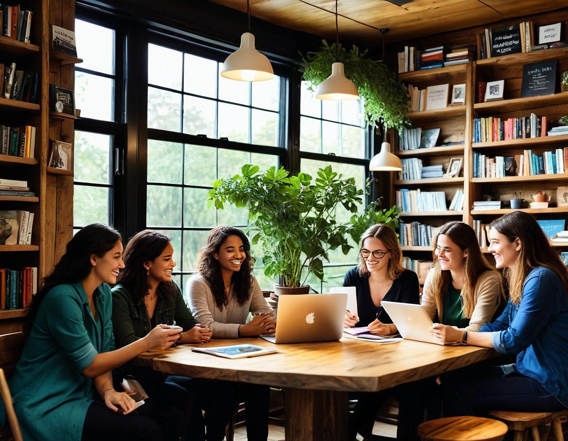 A warm, inviting coffee shop setting where a diverse group of people are animatedly sharing stories, with a laptop open displaying a vibrant online journal. The interior is adorned with shelves of books and plants, creating a cozy atmosphere. Enriching visuals like speech bubbles filled with captivating illustrations swirl around them, symbolizing the power of storytelling. Soft, natural light filters through large windows, enhancing the connection among them. super-realistic. vibrant colors. cozy ambiance.